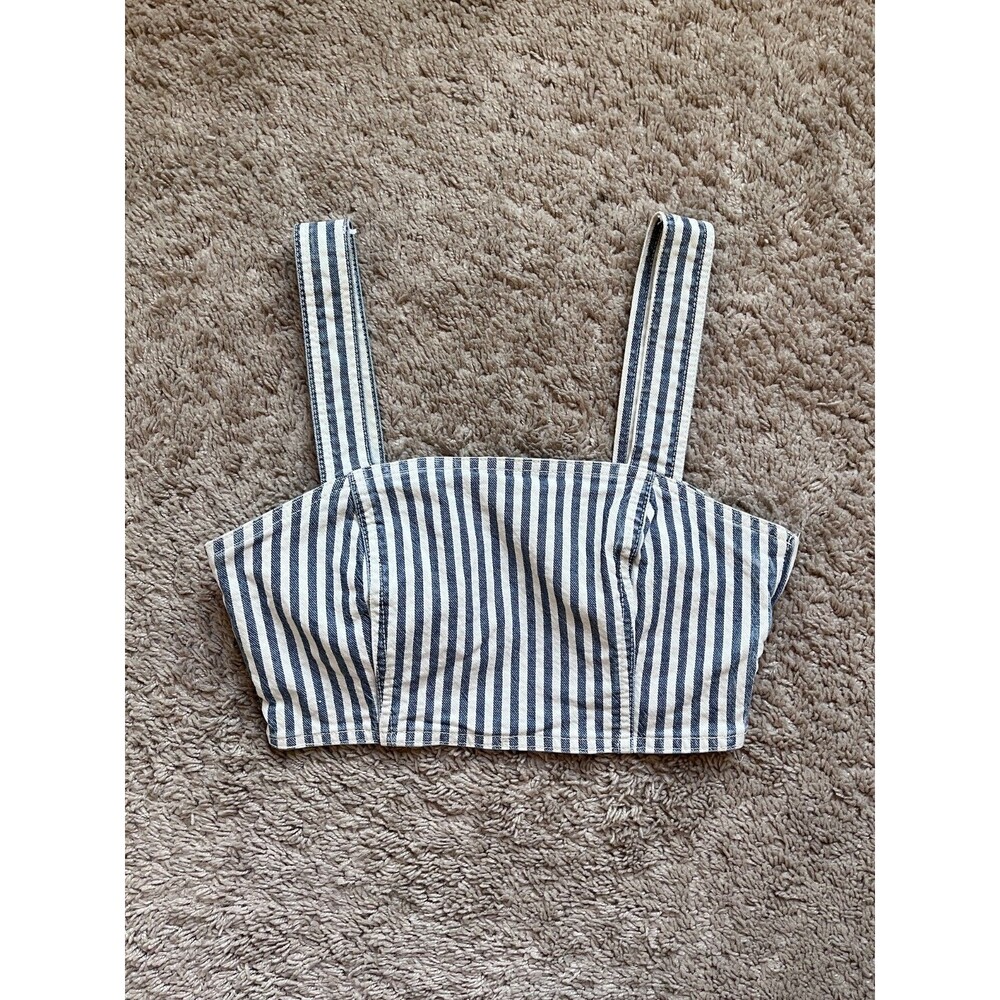 Zara Striped Denim Crop Top in Navy/Ivory Size MEDIUM - Picture 1 of 5